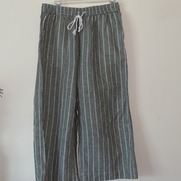 Women’s beach lunch lounge pull on linen Capri pants wide leg striped Small - Picture 1 of 9